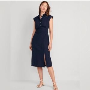 Old Navy Waist Defined Twist Front Midi Shirt Dress L- Navy Also Have Black